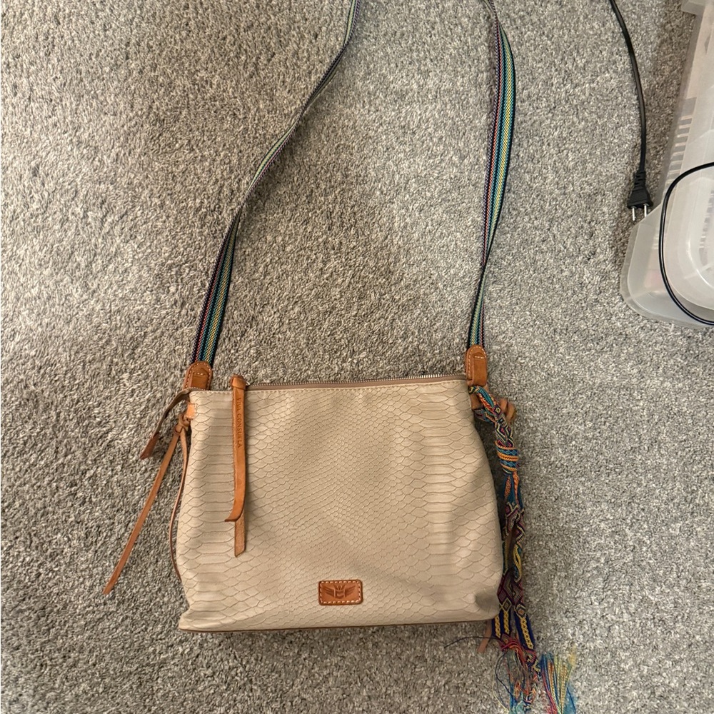 Consuela Cream Crossbody Bag with Tan and Multicolor Strap